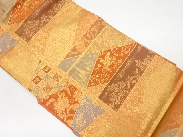 JAPANESE KIMONO / VINTAGE NAGOYA OBI / WOVEN ROUGH WAVE & FLOWER WITH BIRDS